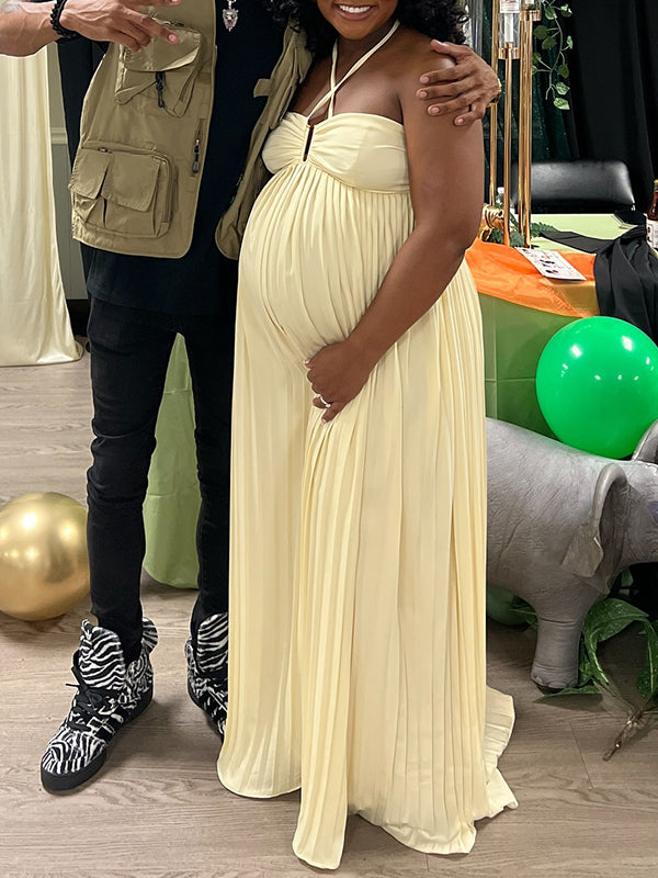 Momnfancy Halter Neck Pleated Backless Cut Out Back Tie Photoshoot Maternity Maxi Dress