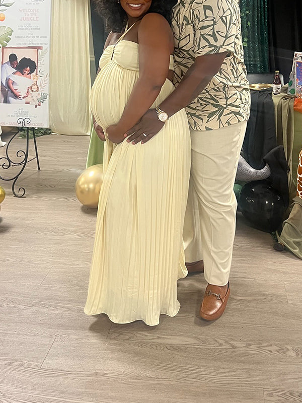 Momnfancy Halter Neck Pleated Backless Cut Out Back Tie Photoshoot Maternity Maxi Dress