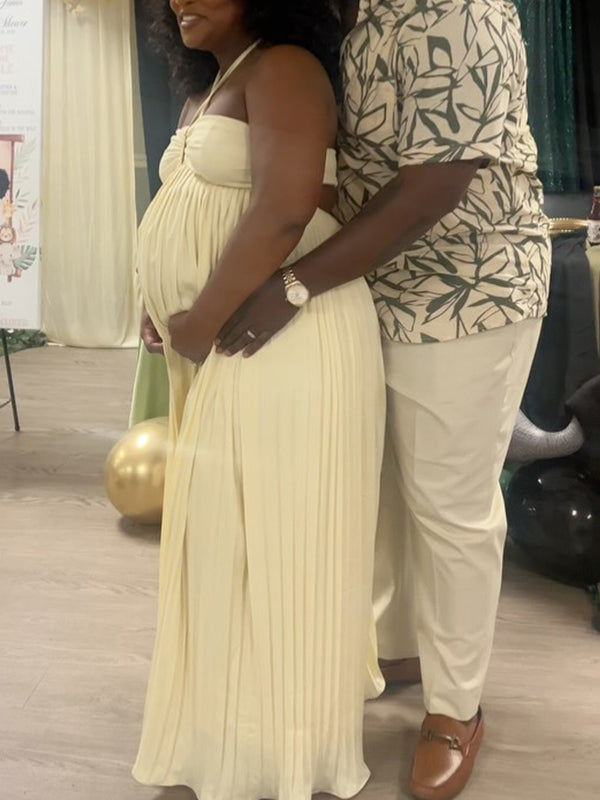 Momnfancy Halter Neck Pleated Backless Cut Out Back Tie Photoshoot Maternity Maxi Dress