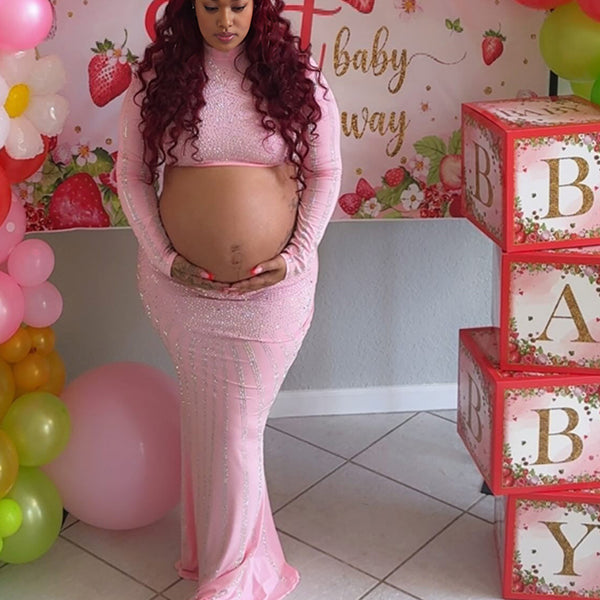 Momnfancy Pink Rhinestone 2-in-1 Crop Bodycon Plus Size Evening Gown Baby Shower Maternity Maxi Dress