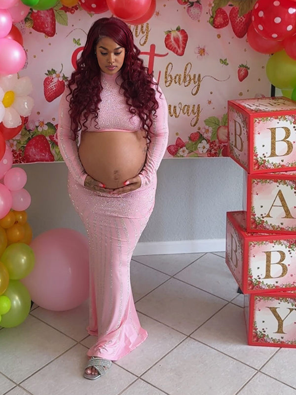 Momnfancy Pink Rhinestone 2-in-1 Crop Bodycon Plus Size Evening Gown Baby Shower Maternity Maxi Dress