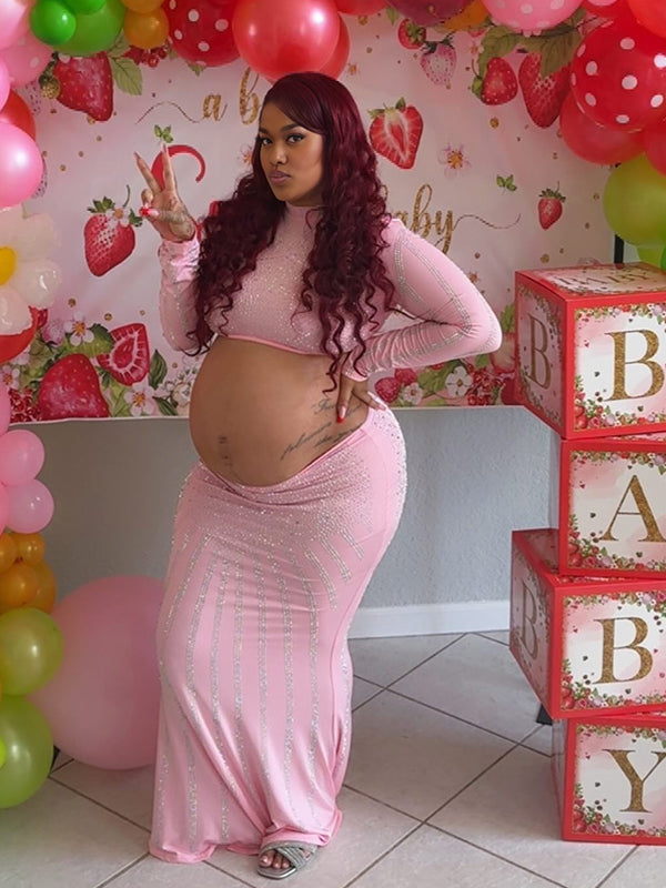Momnfancy Pink Rhinestone 2-in-1 Crop Bodycon Plus Size Evening Gown Baby Shower Maternity Maxi Dress
