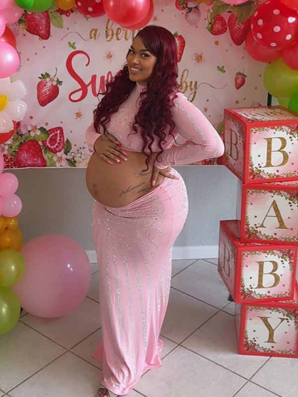 Momnfancy Pink Rhinestone 2-in-1 Crop Bodycon Plus Size Evening Gown Baby Shower Maternity Maxi Dress