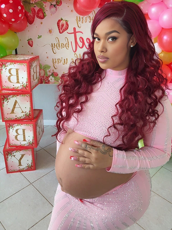 Momnfancy Pink Rhinestone 2-in-1 Crop Bodycon Plus Size Evening Gown Baby Shower Maternity Maxi Dress