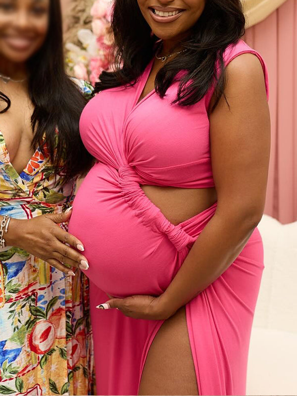 Momnfancy Cut Out Side Slit Ruched V-Neck Plus Size Photoshoot Maternity Maxi Dress