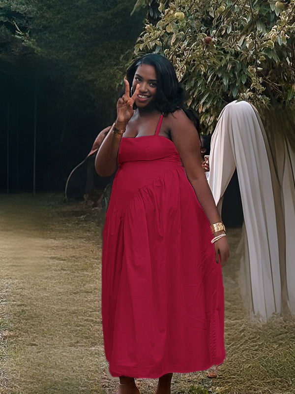 Momnfancy Square Neck Spaghetti Strap Big Swing Maternity Maxi Dress