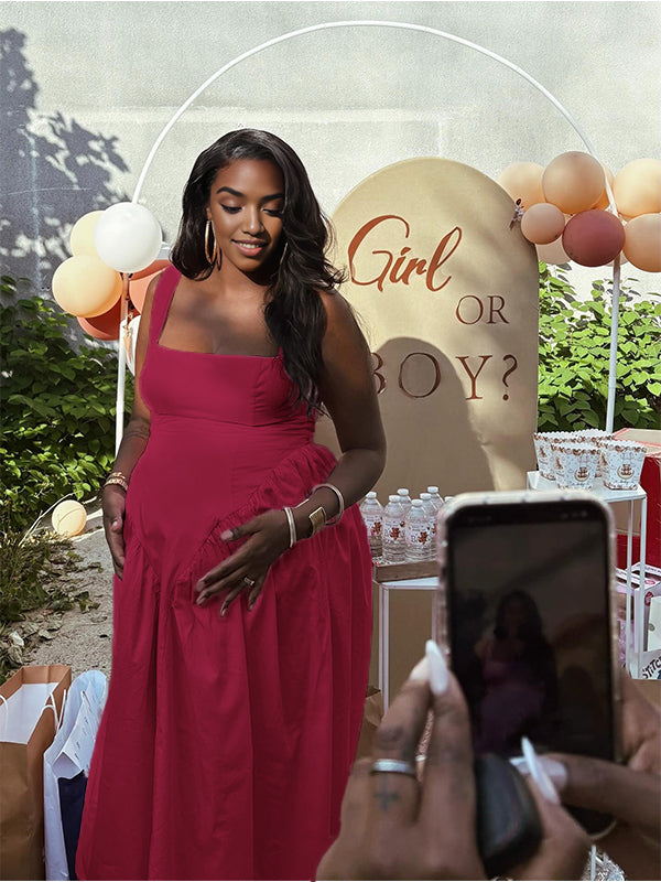 Momnfancy Square Neck Spaghetti Strap Big Swing Maternity Maxi Dress