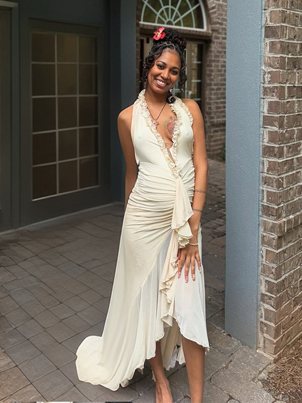 Momnfancy Halter Neck Plunging Neckline Falbala Side Slit Maternity Maxi Dress