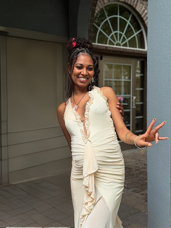 Momnfancy Halter Neck Plunging Neckline Falbala Side Slit Maternity Maxi Dress