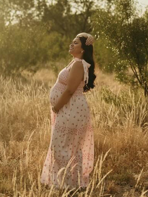 Momnfancy Print Spaghetti Strap Bodycon Falbala Maternity Maxi Dress
