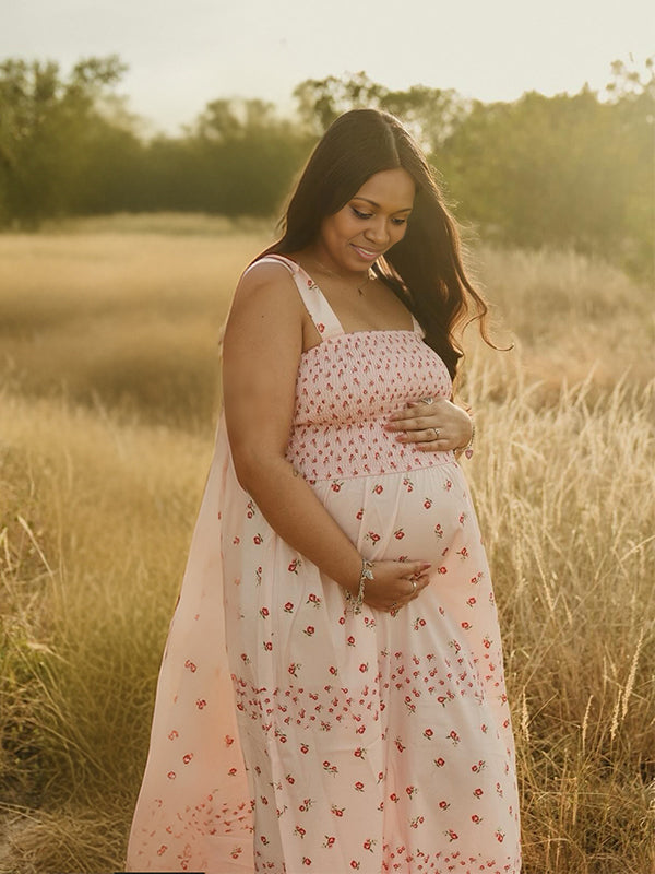 Momnfancy Print Spaghetti Strap Bodycon Falbala Maternity Maxi Dress