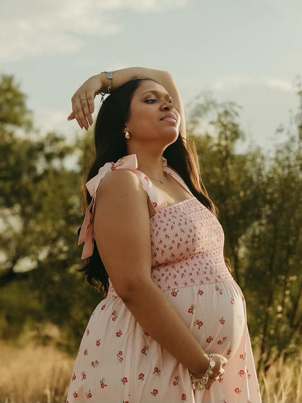 Momnfancy Print Spaghetti Strap Bodycon Falbala Maternity Maxi Dress