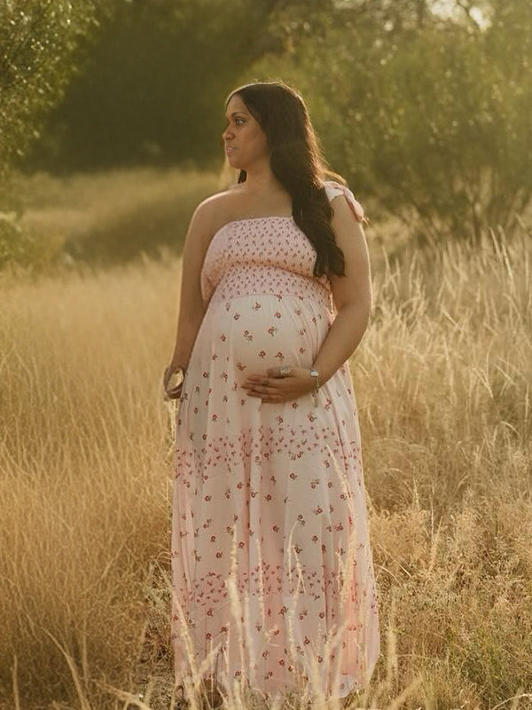 Momnfancy Print Spaghetti Strap Bodycon Falbala Maternity Maxi Dress