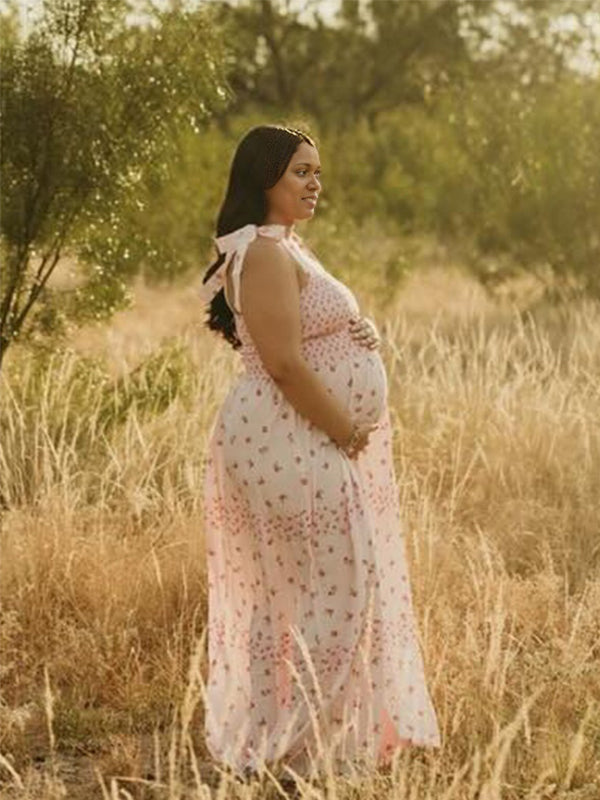 Momnfancy Print Spaghetti Strap Bodycon Falbala Maternity Maxi Dress