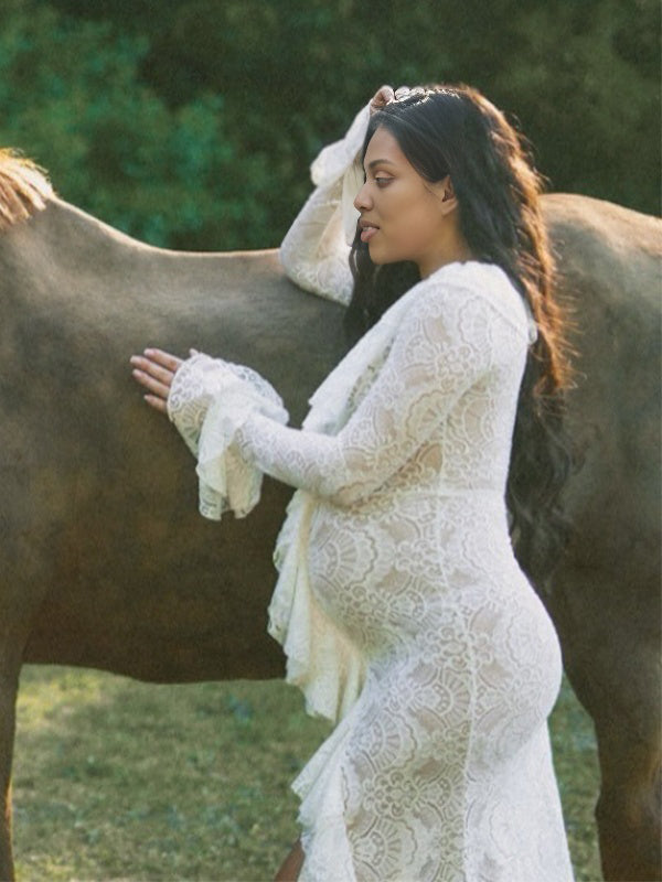 Momnfancy Lace Falbala Splicing Flare Sleeve Side Slit Maternity Maxi Dress