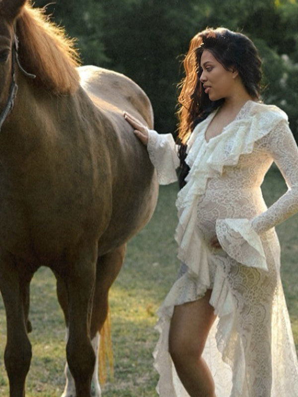 Momnfancy Lace Falbala Splicing Flare Sleeve Side Slit Maternity Maxi Dress