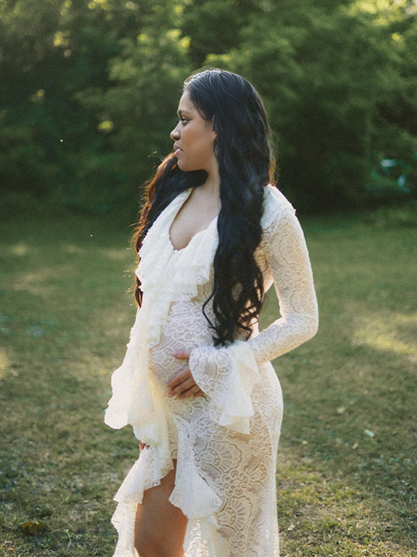 Momnfancy Lace Falbala Splicing Flare Sleeve Side Slit Maternity Maxi Dress