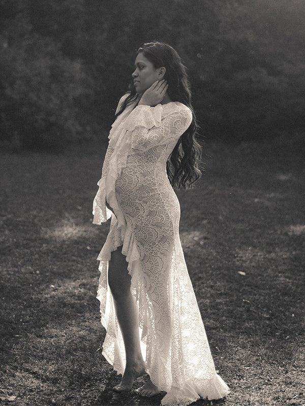 Momnfancy Lace Falbala Splicing Flare Sleeve Side Slit Maternity Maxi Dress