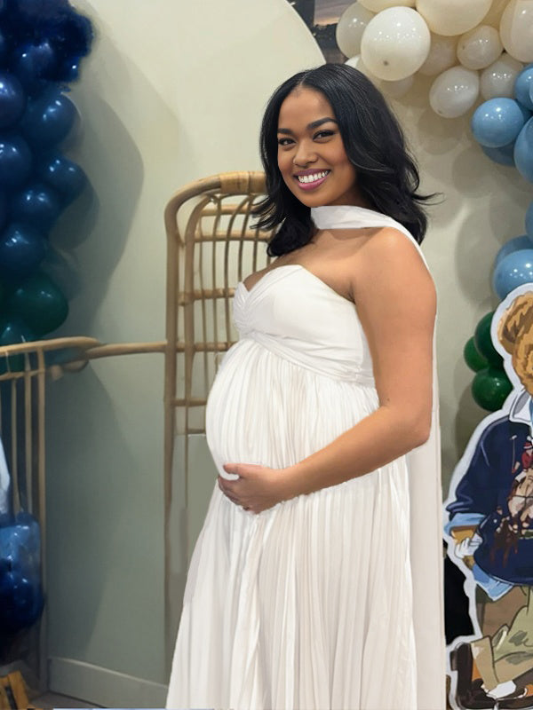 Momnfancy Tube Top Big Swing Ruched Flowy Maternity Maxi Dress