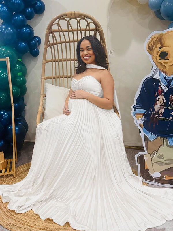 Momnfancy Tube Top Big Swing Ruched Flowy Maternity Maxi Dress