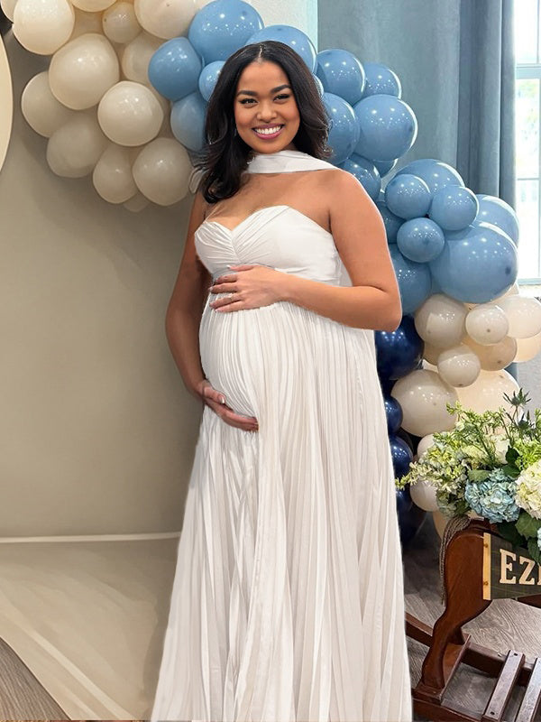 Momnfancy Tube Top Big Swing Ruched Flowy Maternity Maxi Dress