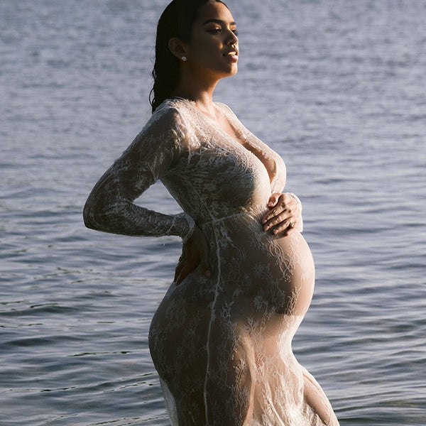 Momnfancy Lace Sheer Tulle Bodycon Plunging Neckline Maternity Maxi Dress