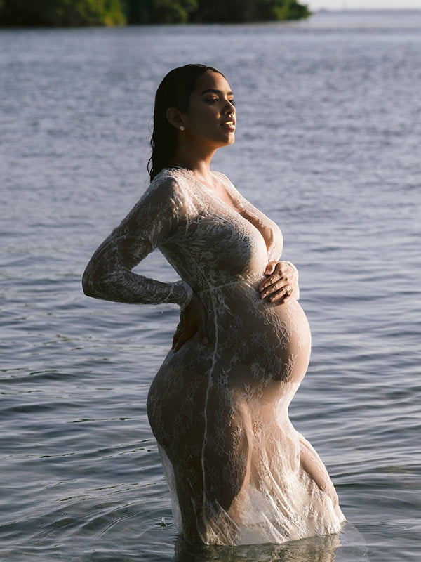 Momnfancy Lace Sheer Tulle Bodycon Plunging Neckline Maternity Maxi Dress