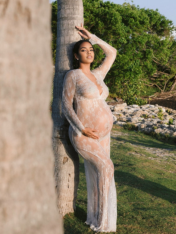 Momnfancy Lace Sheer Tulle Bodycon Plunging Neckline Maternity Maxi Dress