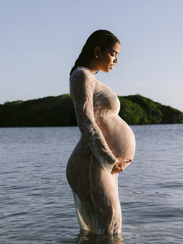 Momnfancy Lace Sheer Tulle Bodycon Plunging Neckline Maternity Maxi Dress