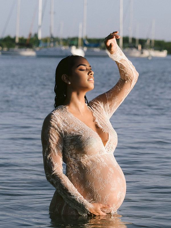 Momnfancy Lace Sheer Tulle Bodycon Plunging Neckline Maternity Maxi Dress