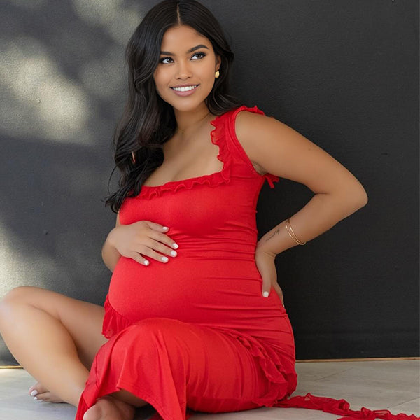 Momnfancy Spaghetti Strap Falbala Bodycon Side Slit Maternity Maxi Dress