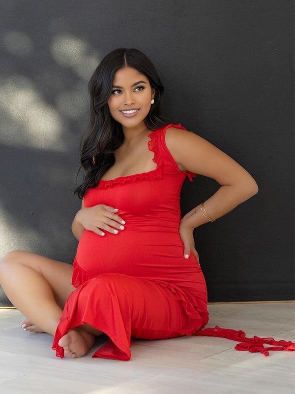 Momnfancy Spaghetti Strap Falbala Bodycon Side Slit Maternity Maxi Dress