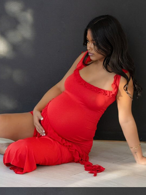 Momnfancy Spaghetti Strap Falbala Bodycon Side Slit Maternity Maxi Dress