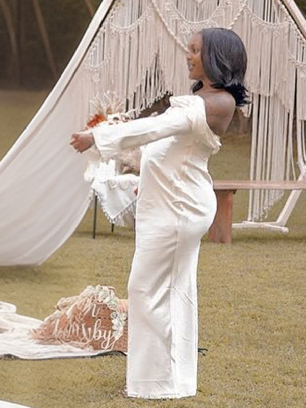 Momnfancy Flowy Flare Sleeve Open Back Boat Neck Maternity Maxi Dress