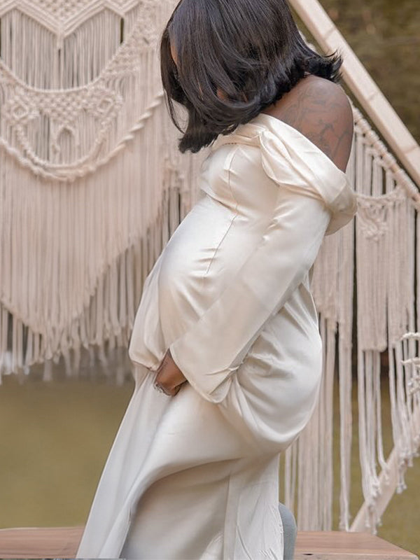 Momnfancy Flowy Flare Sleeve Open Back Boat Neck Maternity Maxi Dress