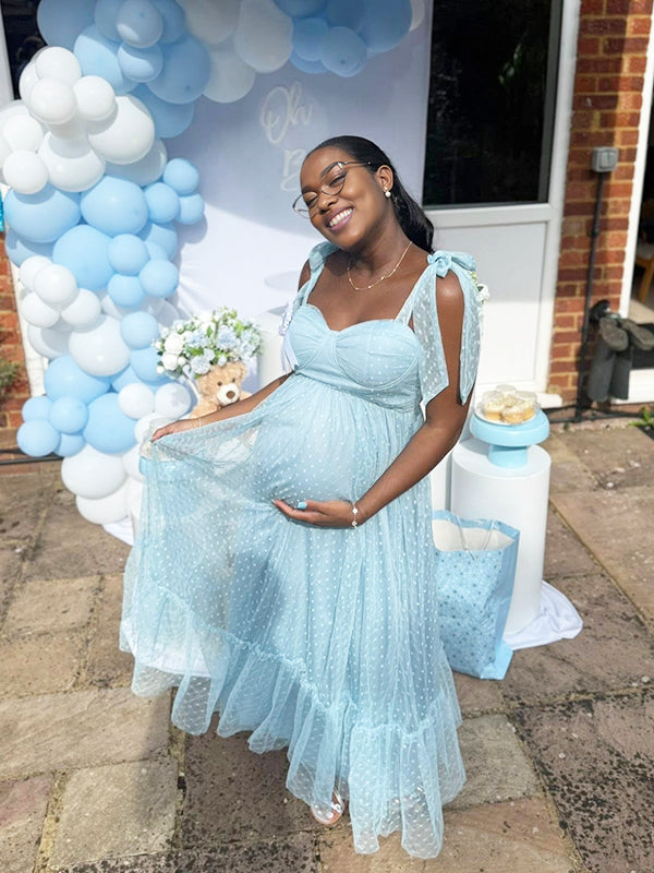 Momnfancy Spaghetti Strap Fluffy Tulle Tube Top Bowknot Maternity Maxi Dress