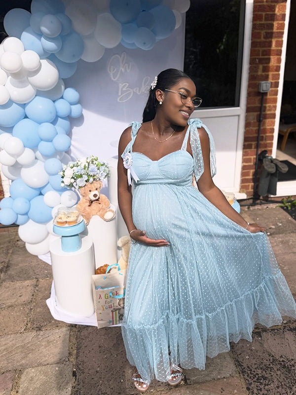 Momnfancy Spaghetti Strap Fluffy Tulle Tube Top Bowknot Maternity Maxi Dress