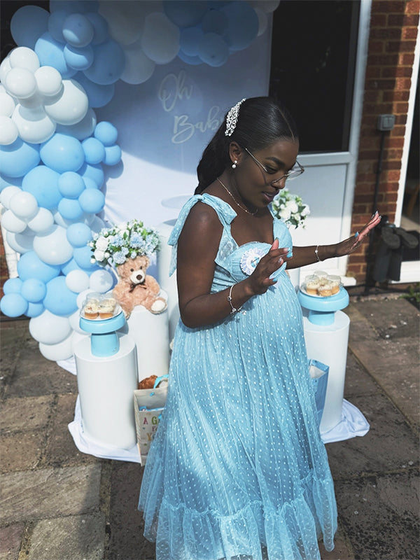 Momnfancy Spaghetti Strap Fluffy Tulle Tube Top Bowknot Maternity Maxi Dress