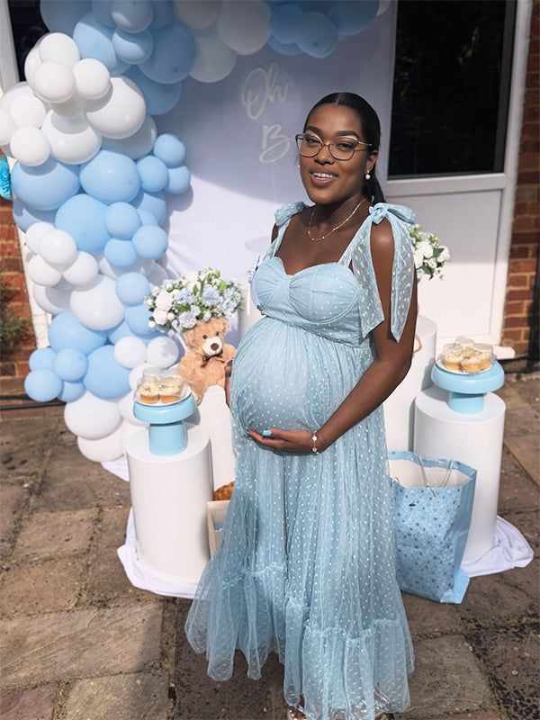 Momnfancy Spaghetti Strap Fluffy Tulle Tube Top Bowknot Maternity Maxi Dress