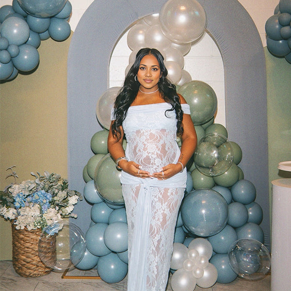 Momnfancy Boat Neck Mermaid Bodycon Lace-up Lace Off-shoulder Maternity Maxi Dress