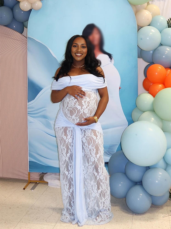 Momnfancy Draped Mermaid Bodycon Lace-up Lace Off-shoulder Party Photoshoot Maternity Maxi Dress