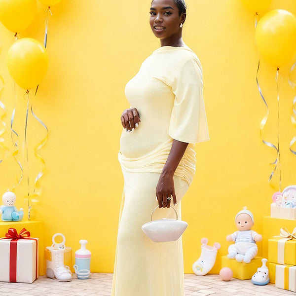 Momnfancy Dolman Sleeve Mermaid Bodycon Ruched Maternity Maxi Dress