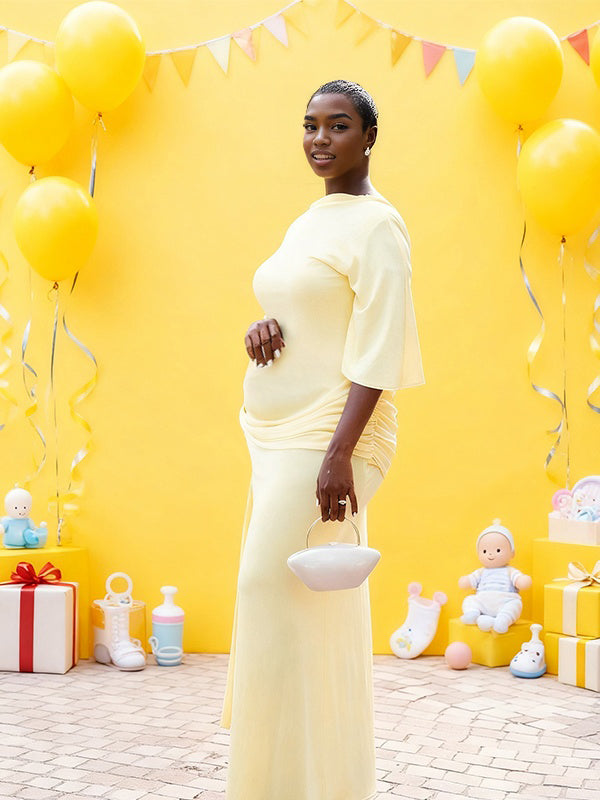 Momnfancy Dolman Sleeve Mermaid Bodycon Ruched Maternity Maxi Dress