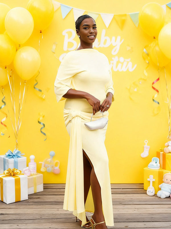 Momnfancy Dolman Sleeve Mermaid Bodycon Ruched Maternity Maxi Dress