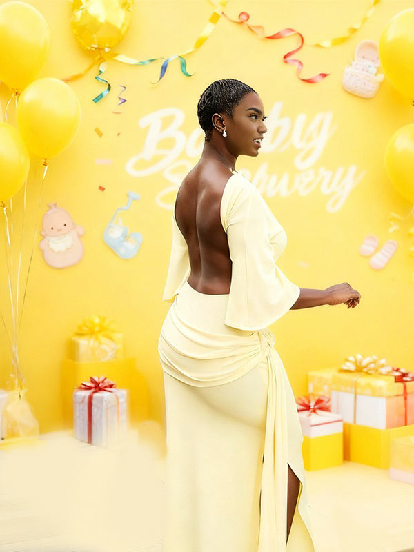 Momnfancy Dolman Sleeve Mermaid Bodycon Ruched Maternity Maxi Dress