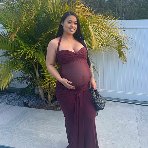 Momnfancy Halter Neck Mermaid Bodycon Sheer Ruched Maternity Maxi Dress