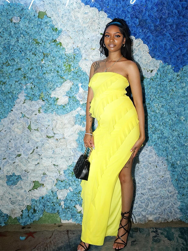 Momnfancy Tube Top Mermaid Bodycon Falbala Side Slit Maternity Maxi Dress