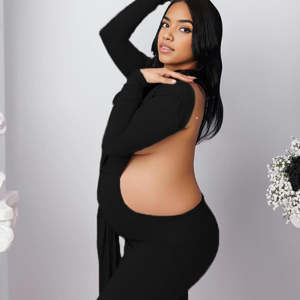 Momnfancy Cut-out Bodycon Open Back Ruched Lace-up Maternity Maxi Dress