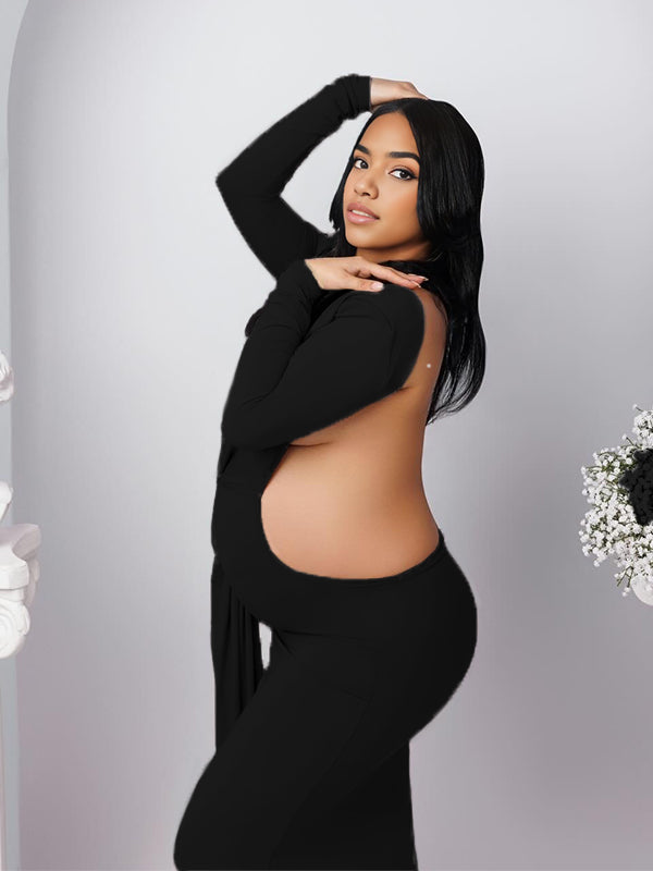 Momnfancy Cut-out Bodycon Open Back Ruched Lace-up Maternity Maxi Dress