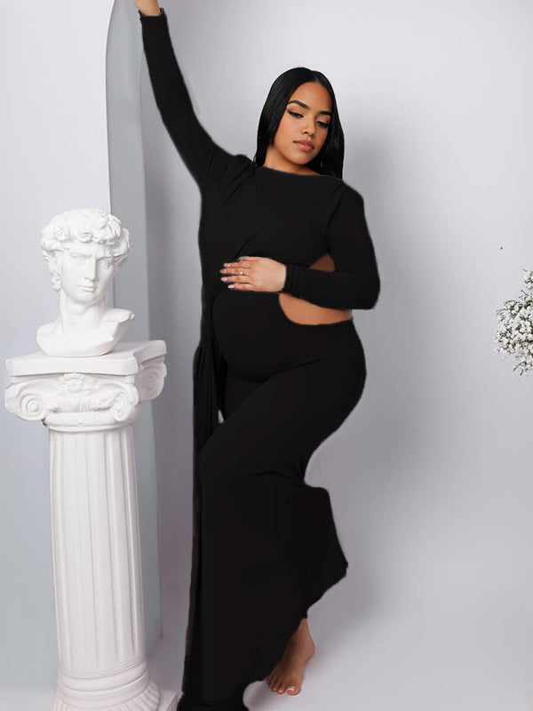 Momnfancy Cut-out Bodycon Open Back Ruched Lace-up Maternity Maxi Dress